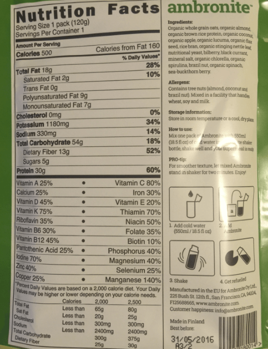 Ambronite nutrition label