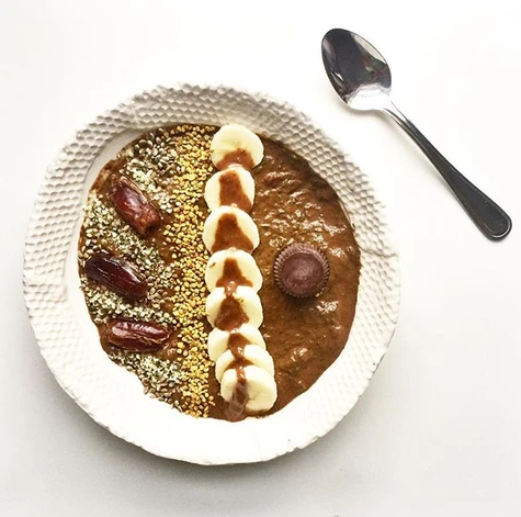 recipe for Chocolate Smoothie Bowl topped with Dates and Nut Butter with Ka’Chava