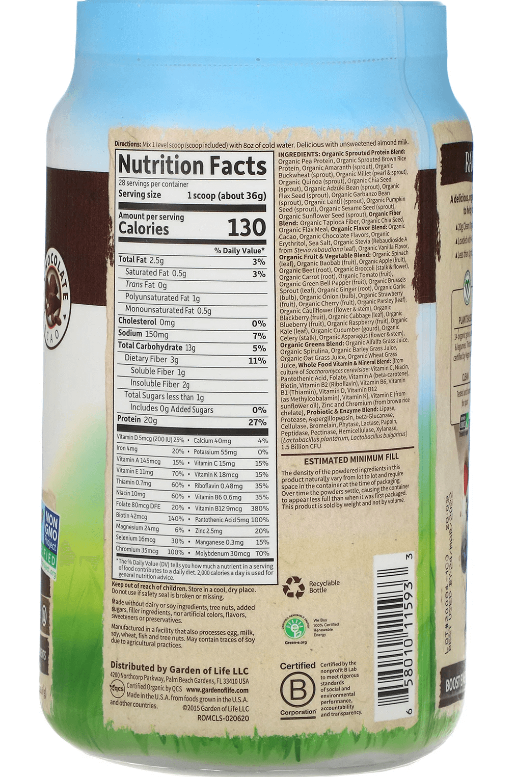 Garden of Life Meal nutrition label