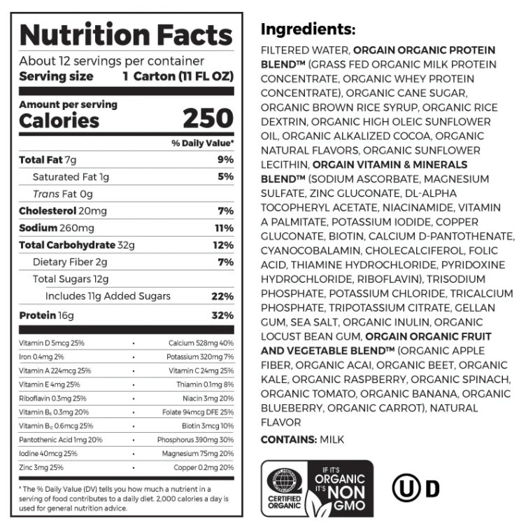Orgain Meal Replacement nutrition label