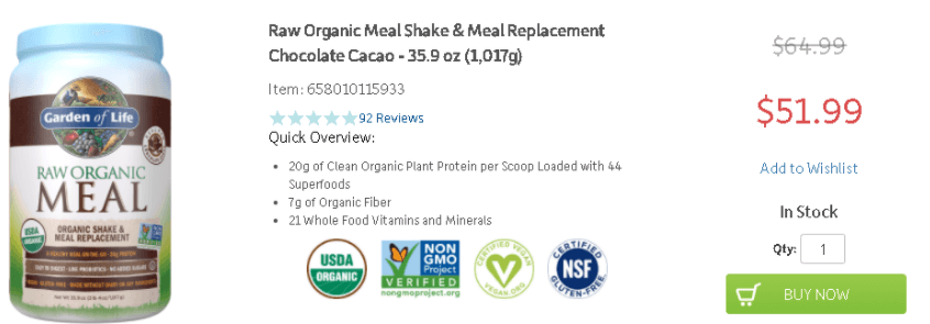 Garden of Life Raw Organic Meal pricing