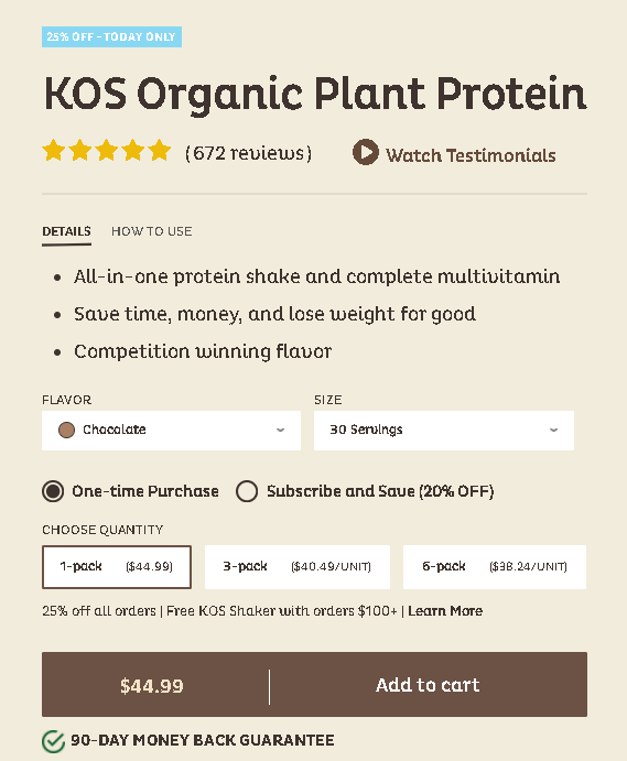 Kos Protein pricing