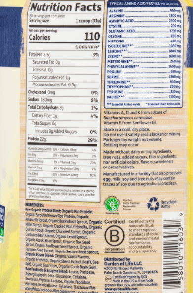 Garden of Life Raw Organic Meal Nutrition Facts