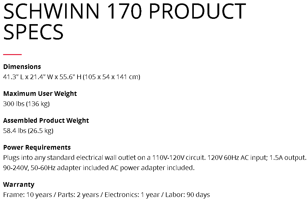 Schwinn 170 warranty 