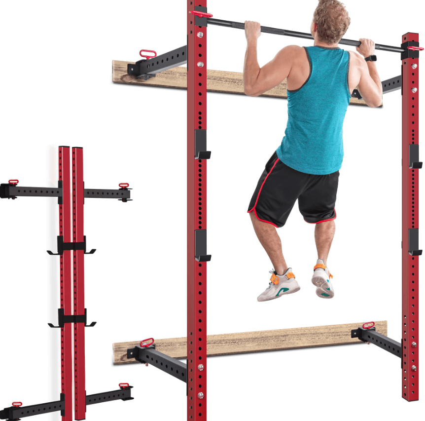 Merax Wall Mount Folding Squat Rack is a space-efficient and heavy-duty rack that offers convenience and durability for home gym workouts